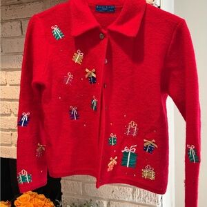 Karen Scott Bright Red Cardigan with Gift Embroidery